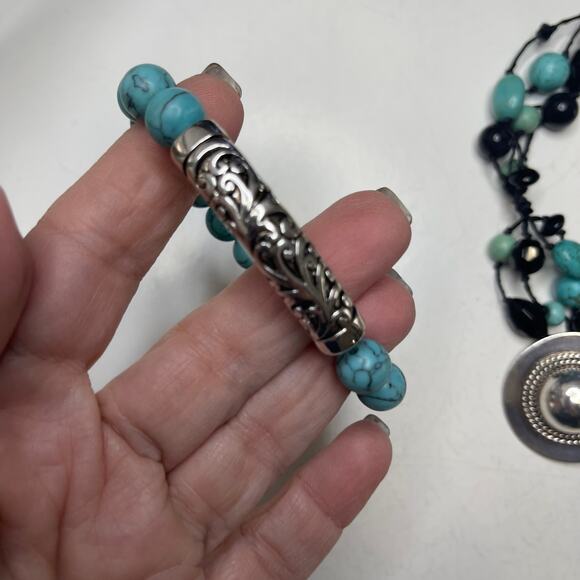 Turquoise dyed stone beads beaded necklace costume jewelry bohemian western - Picture 5 of 16